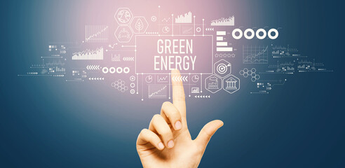 Green Energy concept with hand pressing a button on a technology screen