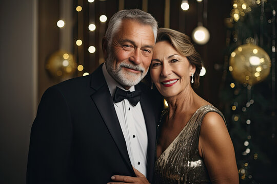 Pareja de hombre y mujer, mayores de 50, vestidos de gala para celebrar año nuevo, con fondo desenfocado de un hotel lujoso. Concepto celebraciones