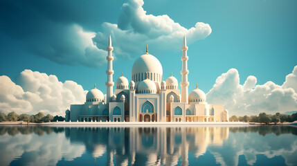 A simple and beautiful mosque with white clouds, celebrating Islamic Muslim New Year, - obrazy, fototapety, plakaty