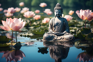 Meditating Buddha statue on a lotus lily flower, - obrazy, fototapety, plakaty