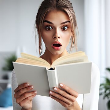 woman surprised by the content she is reading in the book, hobbies and leisure concept, generative ai