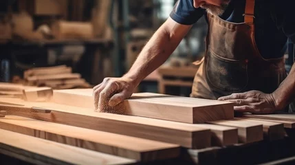 Tuinposter close up man owner a small furniture business is preparing wood for production. carpenter male is adjust wood to the desired size. architect, designer © pinkrabbit