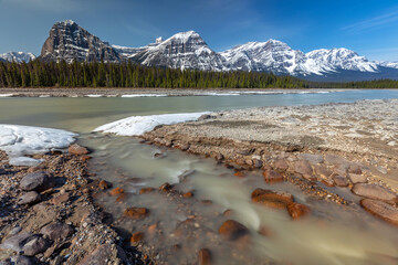 The Athabasca River, a lifeline of pristine beauty in Jasper National Park, flows with graceful...