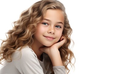 Fototapeta premium closeup photo portrait of a beautiful young children American model teen girl looking forward. child ad with copy space.