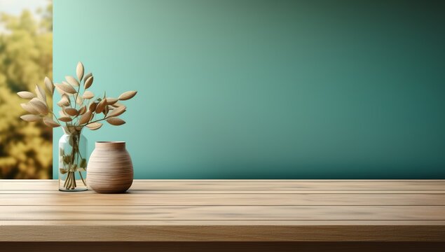 Light colored wooden surface on green background