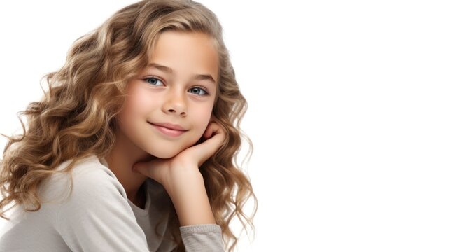 closeup photo portrait of a beautiful young children American model teen girl looking forward. child ad with copy space.