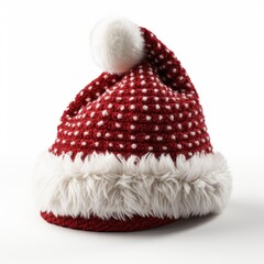 Santa's warm red polka dot Christmas hat with white bauble and white fur trim. isolated on a white background, generative ai 