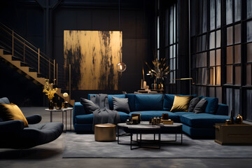 Modern living room interior luxury with blue and gold accents, in the style romantic