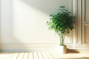 Minimalist interior design with plant in the pot on white wall. Background.