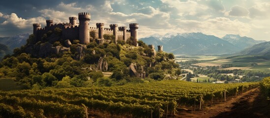A castle on the edge of a vineyard with mountains. Generative AI