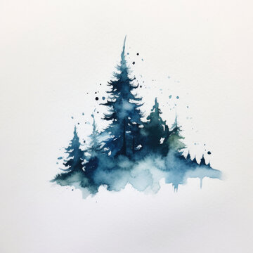 Beautiful delicate watercolor painting of pine trees