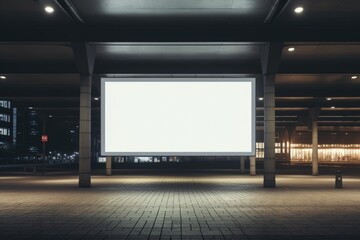 An empty poster billboard in front of a train station. Generative AI - obrazy, fototapety, plakaty