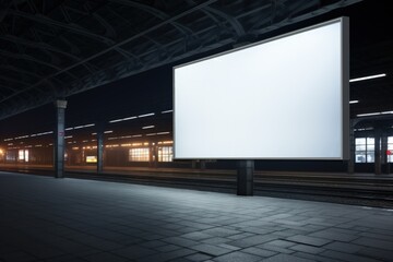 An empty poster billboard in front of a train station. Generative AI - obrazy, fototapety, plakaty