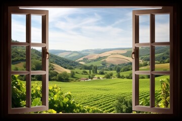 An open window showing a view of a vineyard and countryside. Generative AI