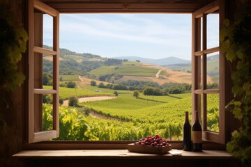 An open window showing a view of a vineyard and countryside. Generative AI