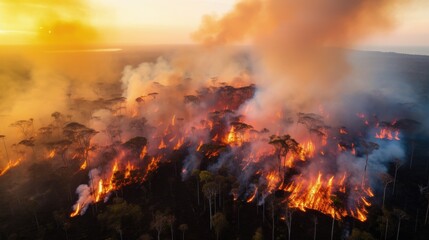 Fototapeta na wymiar Forest fire in the Amazon rainforest seen by drone. Generative AI