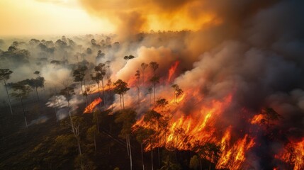 Forest fire in the Amazon rainforest seen by drone. Generative AI