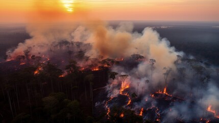 Fototapeta na wymiar Forest fire in the Amazon rainforest seen by drone. Generative AI