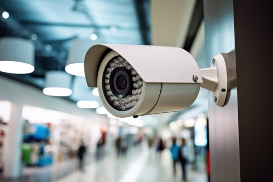 Security camera seen up close on a wall inside a shopping mall. Generative AI