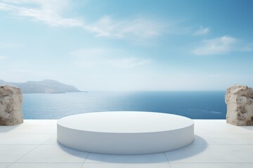 Fototapeta na wymiar White round table in a round shape sitting on a stone pedestal. Generative AI