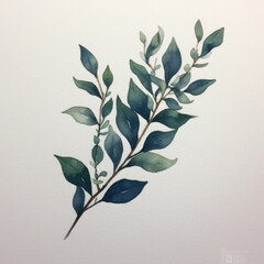 Beautiful delicate watercolor painting of a teal branch of leaves