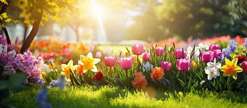 In the spring with a lush green grass background colorful flowers bloom under the vibrant sun in the nature filled garden creating a picturesque scene of health and vitality