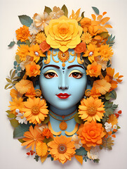 Design a Happy Krishna Janmashtami poster with marigold and leaf on a white isolated background, top view,