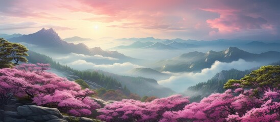 In the picturesque landscape of Korea s mist covered mountains vibrant pink azaleas add a splash of color against the ethereal backdrop of blooming flowers and enveloping fog