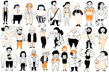 Different people lifestyle, full body and full length, diversity, multiethnic. Cute character illustration doodle style. Outline, thin line art, hand drawn sketch. Big set.