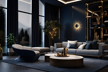 Modern living room blue with gold, and modern furniture in the style of dark gray and dark black, Romantic atmosphere contemporary