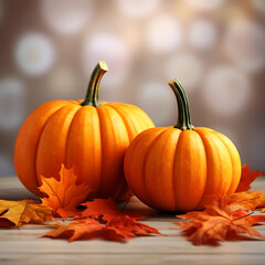 Orange pumpkins and fall leaves Generative AI
