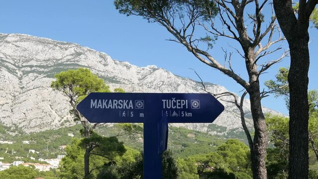 Sign post to Makarska, Croatia, signboard to Croatian tourist resort town