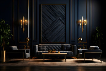 Luxury interior of the dark room in a black wall with dark furniture and dark colored walls, in the style of light navy and gold, metallic accents, lively tableaus, soothing color palettes
