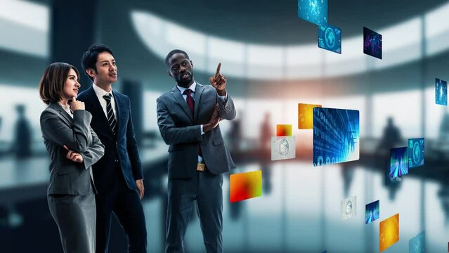 Group of multinational people meeting in the corporate office and stereoscopic screens concept. Digital media. Global business.