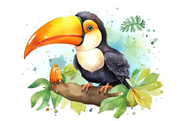 Cute full length happy toucan on the tree in watercolor, concept of Nature