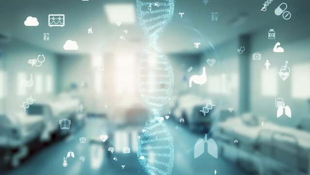 Futuristic hospital and gene therapy concept. Regenerative medicine. DNA.