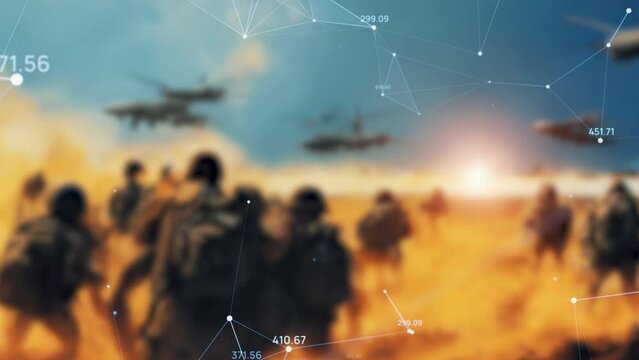 World battlefields and wireless communication network concept. Military technology. Cyber war.