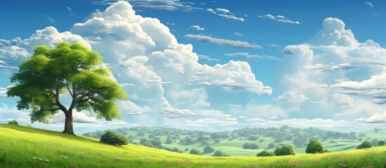 In the summer while traveling in the beautiful countryside I couldn t help but admire the picturesque landscape with its lush green grass blooming flowers and tall trees against the backdrop