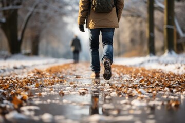 man walking on an icy road, with water and snow. - obrazy, fototapety, plakaty