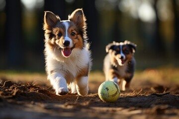 two puppy dogs playing behind a ball in the field