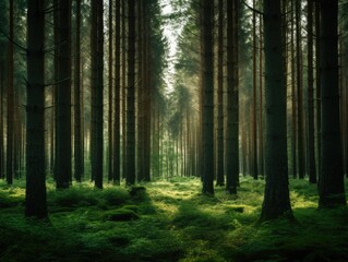 Obraz premium A forest filled with lots of tall trees. Generative AI.