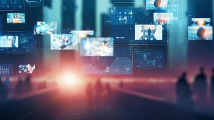 Futuristic cityscape and screens of digital contents concept. Digital transformation. Social media. Streaming video. - Powered by Adobe