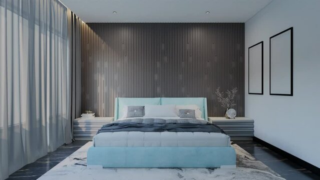 Modern Luxury Bedroom Animation with powder blue Color. 3D Illustration Render