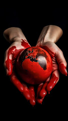 Bloody earth in hands. Wars and violence. Vertical image