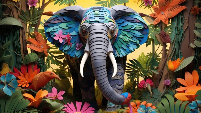 A paper cut of an elephant in a jungle. Generative AI.