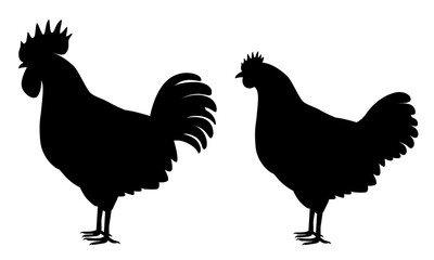 鶏のシルエット（雄鶏と雌鶏）_ベクターイラスト
