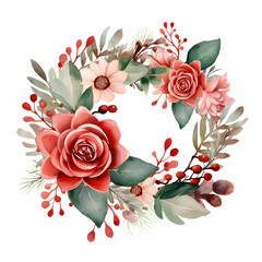 Watercolor illustration. Christmas wreath with red poinsettia, white flowers, holly berries, roses, leaves. Isolated on white background. Greeting card design. Clip art elements. Holiday festive.