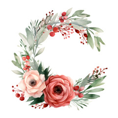 Watercolor illustration. Winter Christmas wreath with red and pink roses, holly berries, leaves. Isolated on white background. Greeting card design. Clip art elements. Holiday festive.