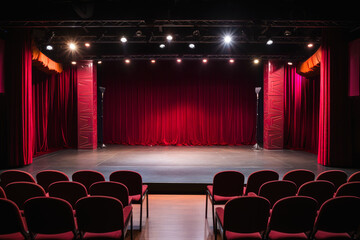 A view of an empty stage of a comedy club with open mic, waiting for performers, chairs setup for audience, theater atmosphere reigns. Nobody - obrazy, fototapety, plakaty