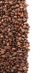 Many roasted coffee beans isolated on white , top view